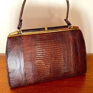 Vintage crocodile lizard skin brass Fittings handbag Unknown Maker Antique